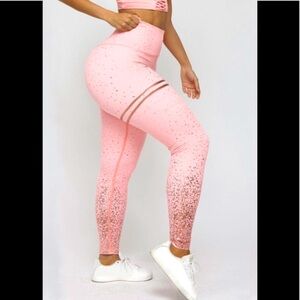 Pink High Waist Leggings With Gold Flake athletic  Workout  Yoga Tights Trousers